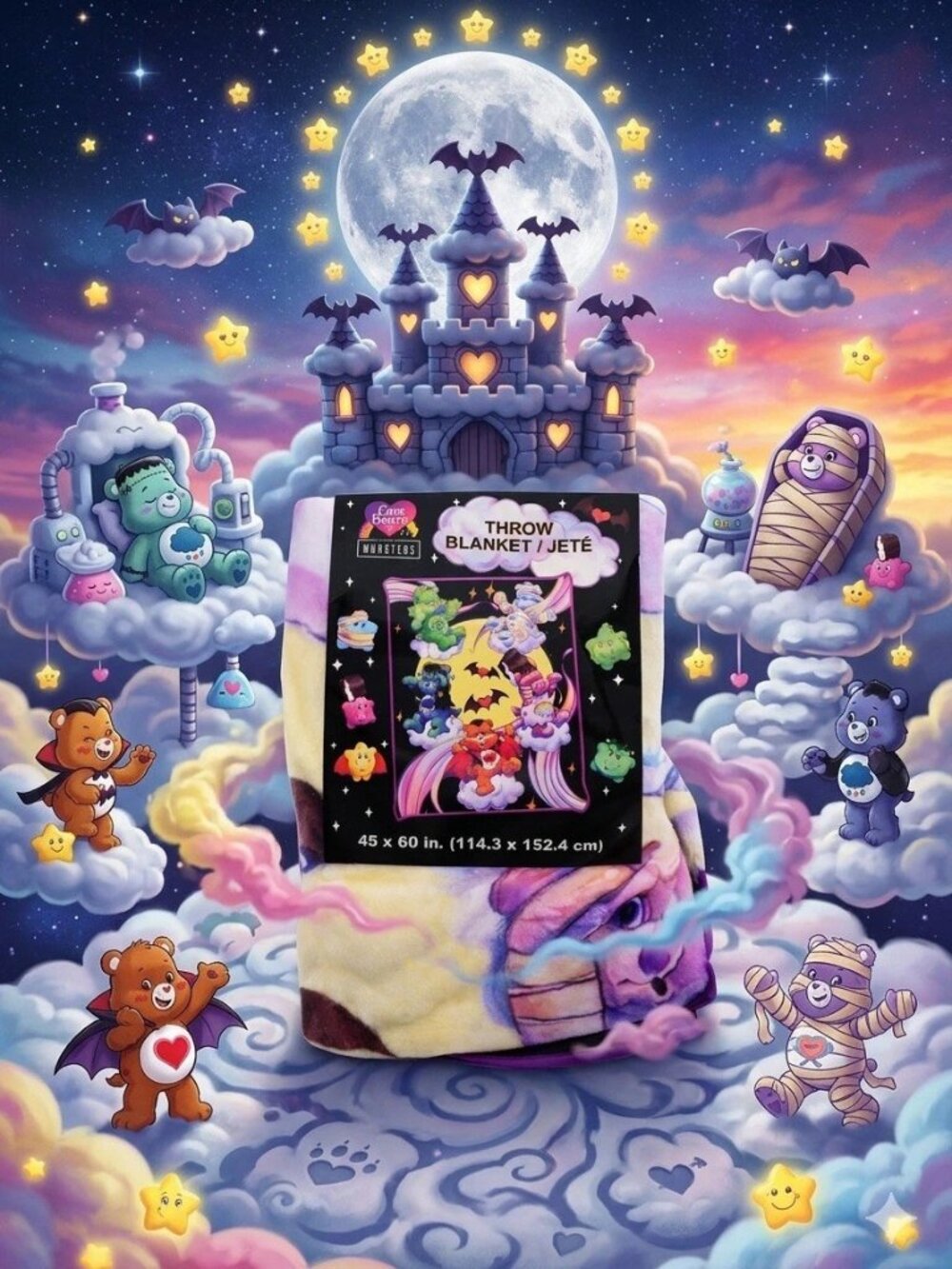 Care Bears and Universal Monsters Moon Scene Plush Fleece ThrowBlanket 45"X 60"
